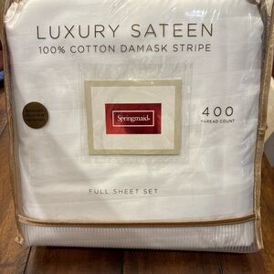 Springmaid Full Size White Sheet Set 400 Thread Count  100% Cotton Damask Stripe